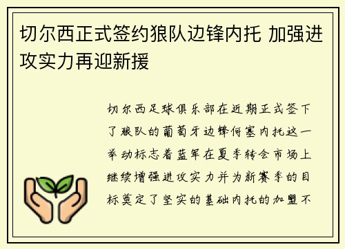 切尔西正式签约狼队边锋内托 加强进攻实力再迎新援 切尔西正式签约狼队边锋内托 加强进攻实力再迎新援
